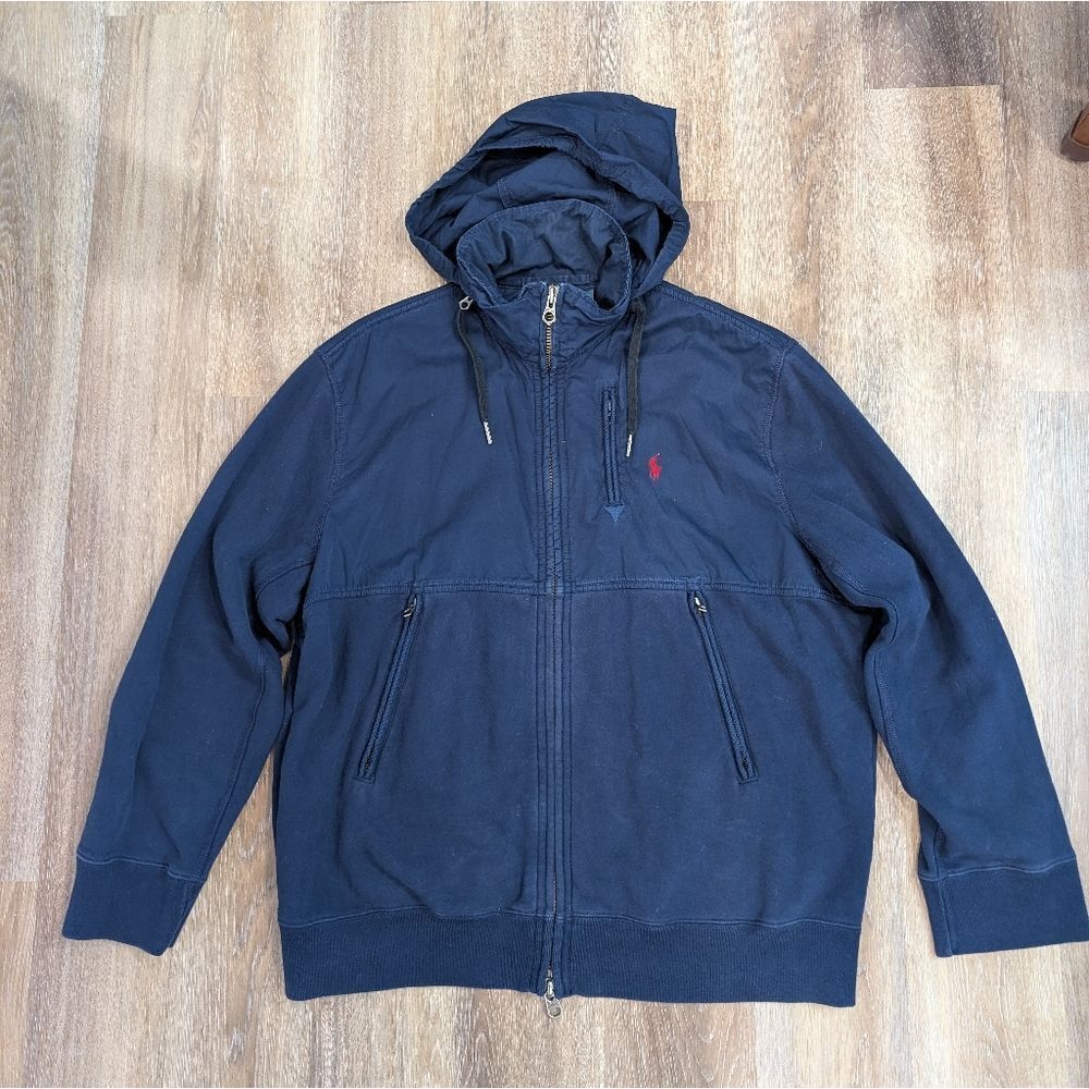 Polo Ralph Lauren Navy Hybrid Fleece Jersey Nylon Hooded Red Pony Jacket Sz XXL